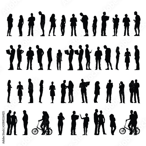 Business People and Family Silhouettes Set with Men Women Children Walking Standing and Group Poses Black Vector Illustration Collection