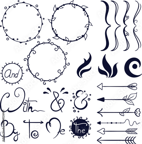 Calligraphic Decorative Design Elements Set with Ornamental Borders Floral Swirls Frames Arrows Alphabet Symbols and Vintage Black Vector Illustration Collection