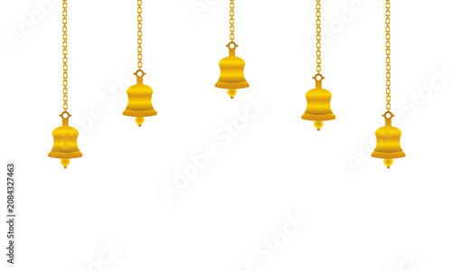 Golden Temple Bells Hanging on Chains Against a White Background, Ideal for Indian Festivals like Diwali, Weddings, and Religious Celebrations.