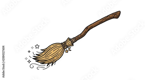 Magic broomstick vector icon, clean outline, white background.

