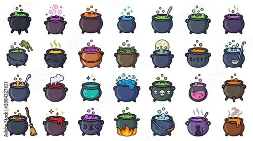 Cauldron with bubbling potion vector iconb 25 set , white background.


