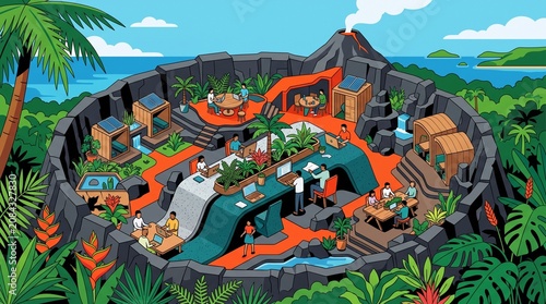 Creative office space illustration, vibrant tropical volcano island setting, people working in modern co-working environment, lush green foliage and blue ocean background