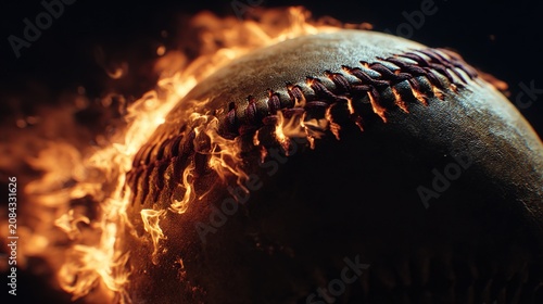void. A burning baseball floating in darkness, showcasing intense flames and dramatic contrast. event key visuals, club posters, designed for fitness apps and gym onboarding, boosts motivation.