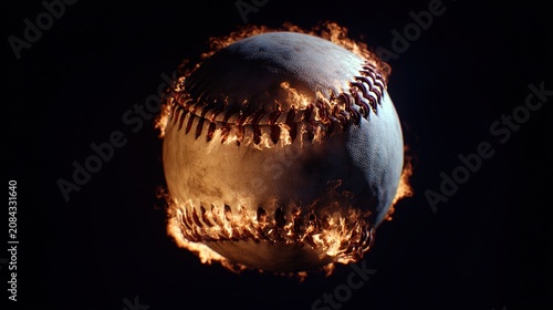 void. A burning baseball floating in darkness, showcasing intense flames and dramatic contrast. event key visuals, club posters, designed for fitness apps and gym onboarding, boosts motivation.