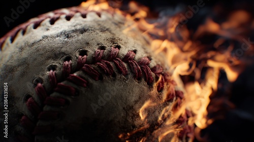 void. A burning baseball floating in darkness, showcasing intense flames and dramatic contrast. event key visuals, club posters, designed for fitness apps and gym onboarding, boosts motivation.