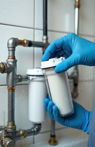 Hand in blue glove holds water filter cartridge near pipes. Technician changes filter element in home water purification system. Clean water concept for healthy life.