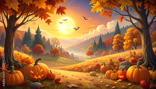 Pixel art autumn landscape with pumpkins and a full moon, evoking a festive Halloween mood with warm sunset lighting
