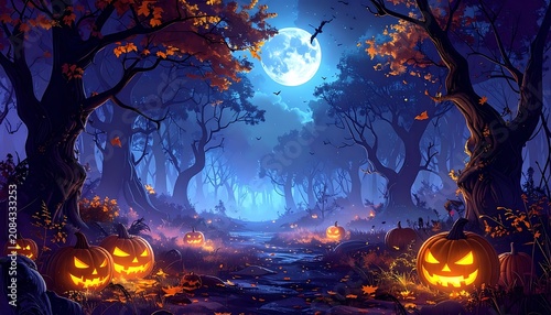 Pixel art Halloween forest scene with carved pumpkins and a full moon, mystical atmosphere, glowing lights and falling leaves