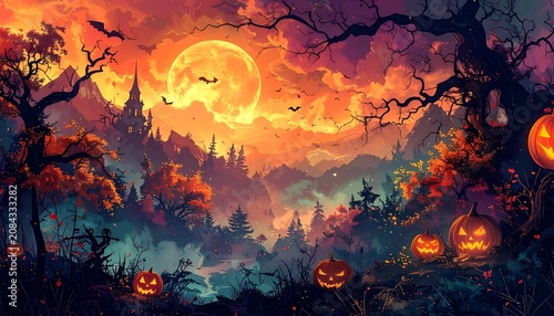 pixel art halloween landscape, glowing jack o lanterns, full moon, spooky trees, haunted castle silhouette, orange and black