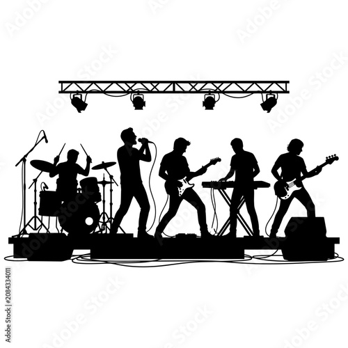 Konstfotografi Rock band silhouette performing on stage, live music concert with musicians and