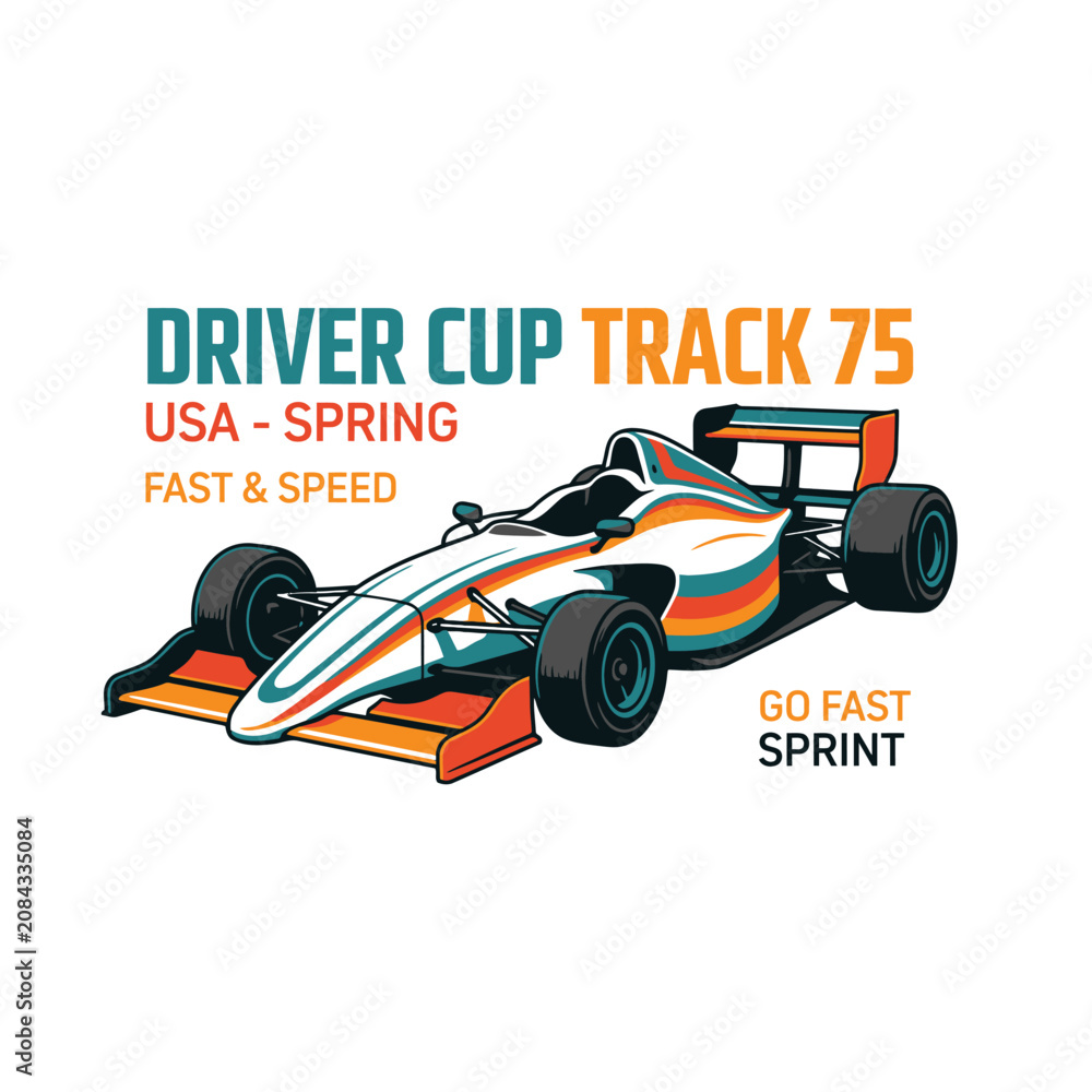 Naklejka premium Formula Racing Car Driver Cup T-Shirt Design with Speed Track Typography Vector Illustration