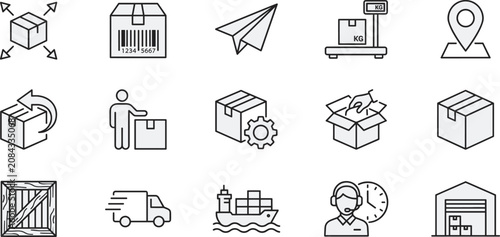 Logistics and Package Management Line Icons Set Featuring Shipping Tracking Warehousing Delivery and Fulfillment Operations