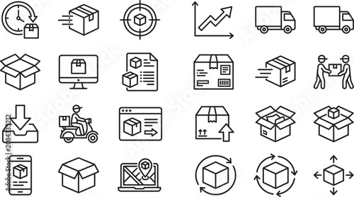 Logistics and Shipping Line Icons Set with Delivery Tracking Packaging and Courier Symbols