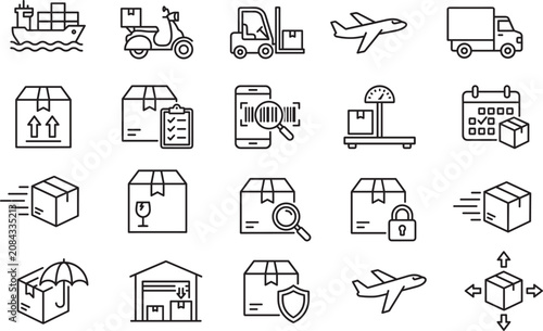 Logistics and Shipping Line Icons Set with Delivery Tracking Warehouse and Freight Symbols