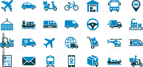 Modern Transportation and Logistics Icon Set Featuring Delivery Vehicles Shipping Freight Warehousing and Mobility Services