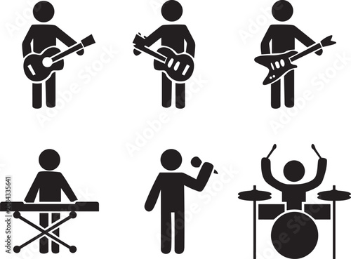 Musician Performance Icon Set with Guitar Keyboard Singer and Drummer Silhouette Vector Collection