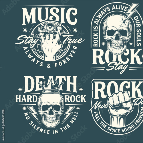 Vintage Rock Music Badges and Skull T-Shirt Design Emblem Set Vector Illustration