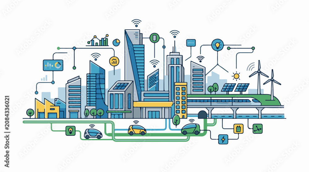 Obraz premium Futuristic urban landscape with smart technology and renewable energy