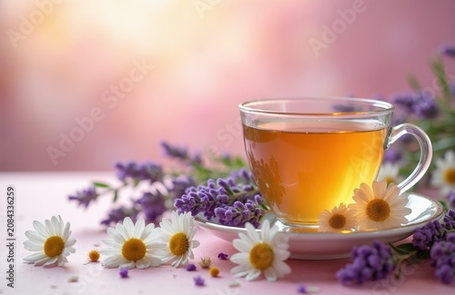 Glass cup filled with herbal tea sits among fresh lavender and daisies. Gentle pink background with soft light creates peaceful mood. Perfect for relaxation and wellness content.