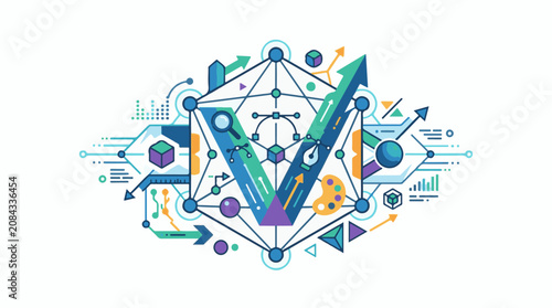 Geometric abstract art with symbols of progress and creativity
