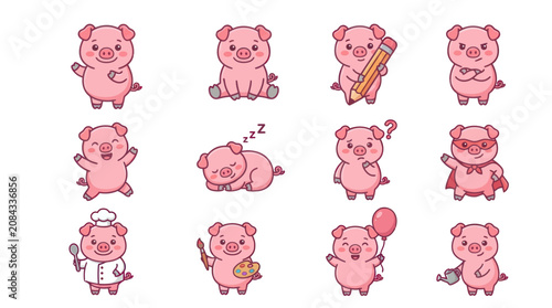 Tableau sur toile Pink pig characters in active poses.