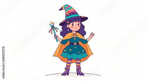Konstfotografi Cute Little Witch Character Holding a Magic Wand Isolated on White Background