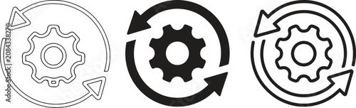 Set of gear icons with circular arrows in various styles for system update and sync