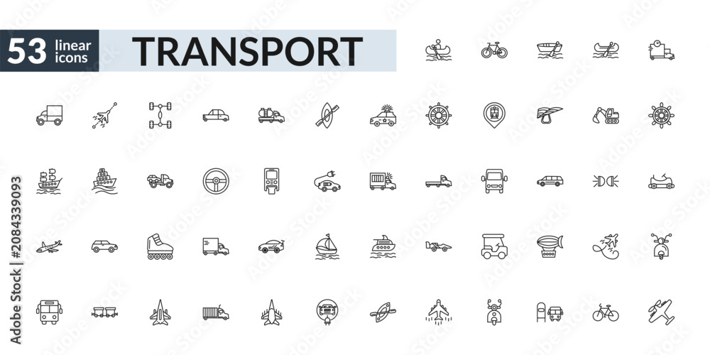Obraz premium outline transport icons set - boating, steering, inline skates, light aircraft. editable vector for web and mobile ui