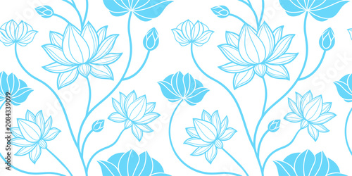 Картината върху платно Seamless lotus flower pattern with blue outline design and delicate leaf details