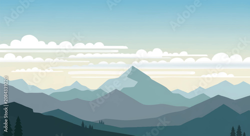 Konstfotografi Minimalist Mountain Landscape Illustration - Serene Blue Peaks and Stylized Clou