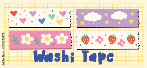 Cute Washi Tape Collection with Hearts Clouds Flowers and Stars, Decorative Scrapbook Tape Vector Set