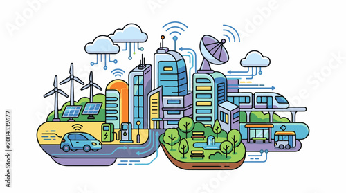 Futuristic smart city concept with renewable energy and smart transport