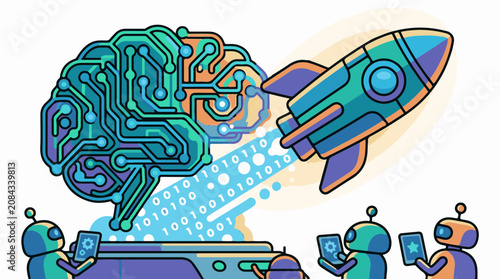 Futuristic rocket launches from circuit board brain with robots