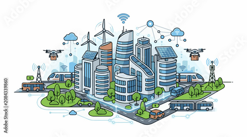 Futuristic smart city illustration with advanced transportation and renewable energy