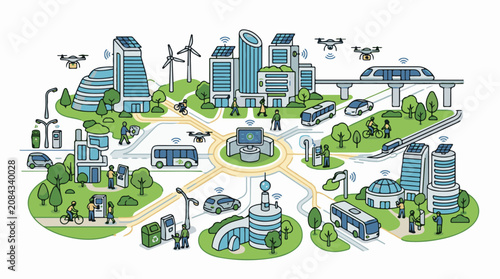 Futuristic smart city illustration with connected transportation and green energy