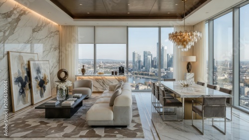 Luxurious penthouse living room featuring high end furniture marble wall cladding and expansive floor to ceiling windows overlooking a sprawling metropolitan skyline and a sunlit river city view