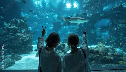 Two people view a large aquarium tank with sharks and diverse marine life