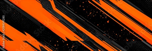 Vibrant orange and black abstract geometric pattern with grunge textures and dots. Abstract neon orange dynamic zigzag seamless pattern background.