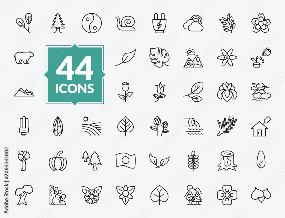 Fototapeta premium outline nature icons set - obovate, landscape, vineyard, nut leaf. editable vector for web and mobile ui