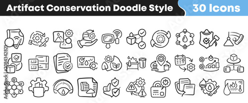 Obraz na plátně Collection of thirty hand drawn artifact conservation doodle style icons