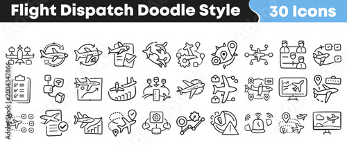 Tableau sur toile Hand drawn collection of thirty flight dispatch aviation doodle icons