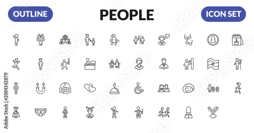 Photos outline people icons set - waving goodbye, birth, devil standing up, girl running