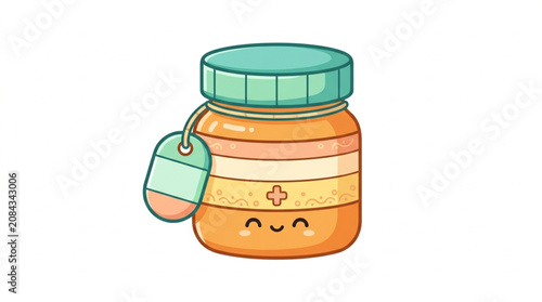 Obraz na płótnie Cute cartoon pill bottle with a happy face and tag.