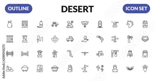 Foto outline desert icons set - old money bag, jail, paddock, ingots