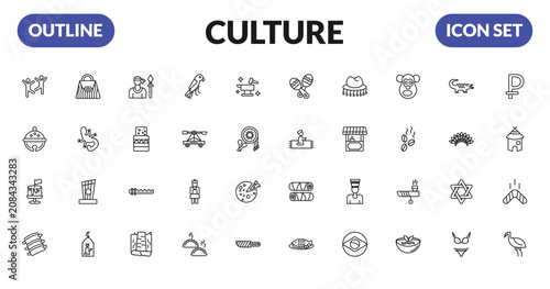 Foto outline culture icons set - capoeira brazil dancers, sleigh bell, cake with a flag, pork ribs