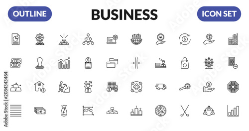 Photos outline business icons set - pie chart file, american dollar bill, ingot, lines