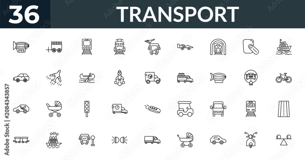 Obraz premium outline transport icons set - dirigible, oxcart, electric car, road with broken lines. editable vector for web and mobile ui