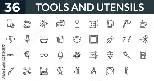 Foto outline tools and utensils icons set - book with cd rom, cup of tea, shear, combs