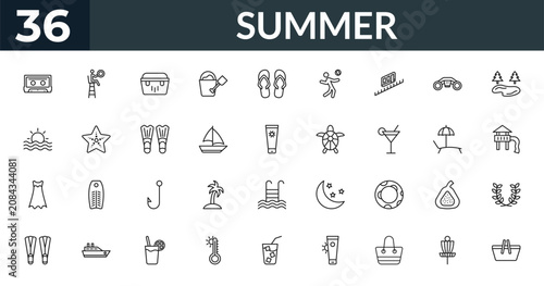Foto outline summer icons set - caste, life guard, beach chair, wreath