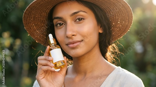Woman holding organic skincare serum bottle in sunny garden